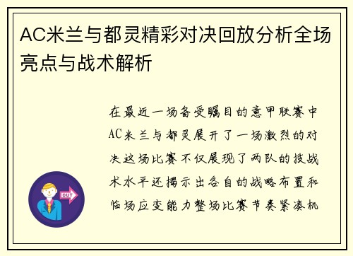 AC米兰与都灵精彩对决回放分析全场亮点与战术解析